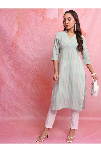 Vishudh By Styli Blue Striped V-Neck Three-Quarter Sleeves Empire Kurta