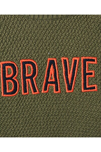 Bonfino Bonfino Cotton Knitted Full Sleeves Pullover Sweater Text Embroidery & Kangaroo Pockets-Olive Green