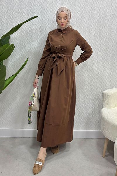 Tesettür Diyarı Καφέ Φόρεμα Hijab - Δεμένο στη μέση