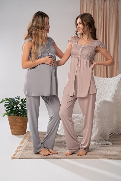 LOHOUSE Women's Gray Woven Striped Design Maternity Pregnant Dressing Gown 3-Piece Pajama Suit Set