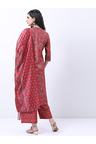 Vishudh By Styli Red Floral Printed Kurta Set with Palazzo Pants and Dupatta