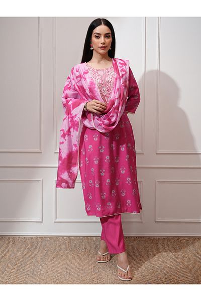 Vishudh By Styli Pink Embroidered Kurta Set with Dupatta