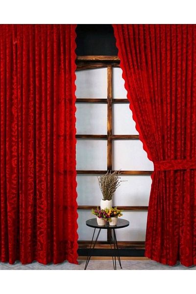Art Perde 2 Wings Colorful Red Ivy Pattern Laced Tulle Background Curtain 2 Wings