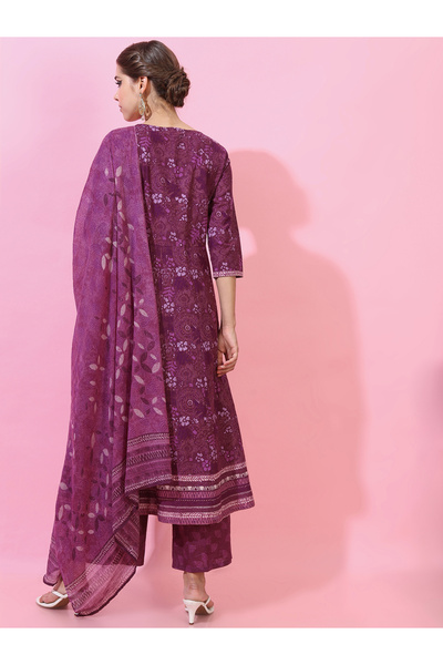 Vishudh By Styli Women Purple Cotton Kurta Set with Dupatta