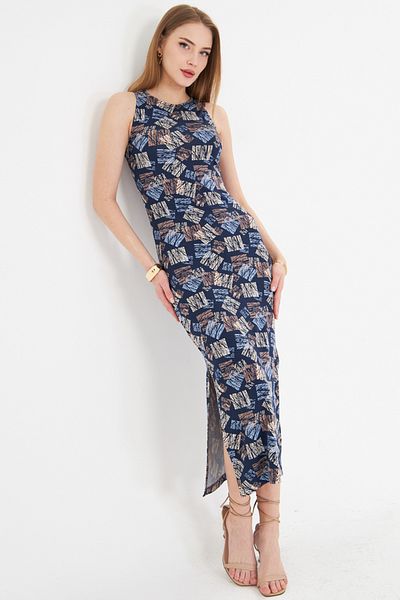 armonika Rochie lungă cu decolteu în formă de O, albastră, fără mâneci, ARM-23Y 001090