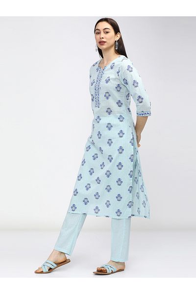 Vishudh By Styli Women Blue Printed Cotton Kurta Set
