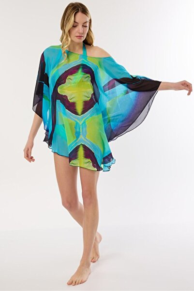 AYYILDIZ 4802 Mavi Yeşil Desenli Plaj Elbisesi