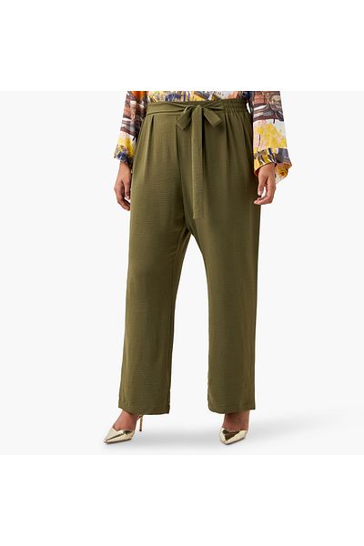 Ulla Popken Plus Size Ulla Popken Wide Leg Trousers with Tie-Up Waist