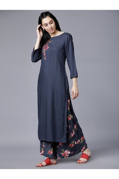 Vishudh By Styli Women Blue Floral Printed Rayon Kurta with Palazzo Pants