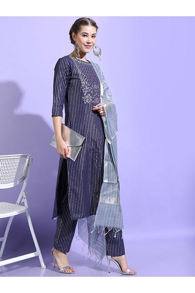 Vishudh By Styli Women Blue Striped Cotton Kurta Set