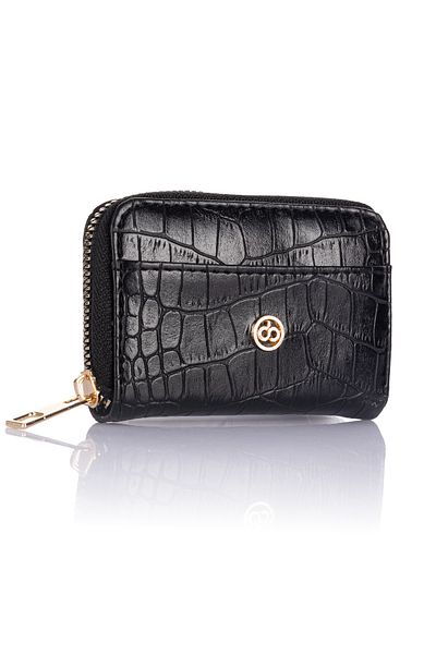 Getcho Olem Women's Black Crocodile Pattern Mini Card Holder Wallet Compact Model with Zippered Coin Compartment