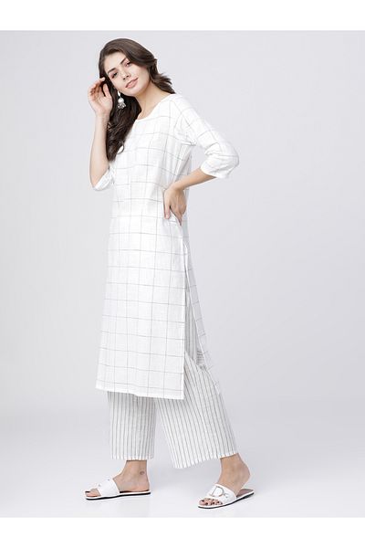 Vishudh By Styli Women White Checked Cotton Kurta Set with Palazzo and Dupatta