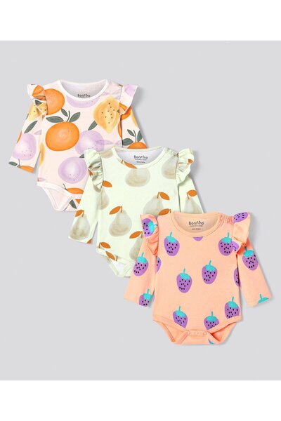 Bonfino Bonfino Full Sleeves Onesies Fruits Print & Frill Detailing-Pack of 3...