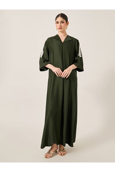 Styli Lace Detail Embroidered A-Line Belted Jalabyia