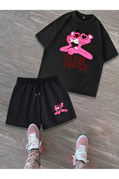 PENTHİLUS Pink Panther Women's T-Shirt and Shorts - 2 Piece Summer Set, Cartoon Pattern