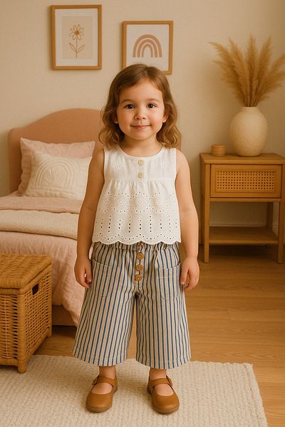 Midani Store Girl's Lace Trimmed Tank Top and Striped Wide Leg Pants Set (Ages 2-5)