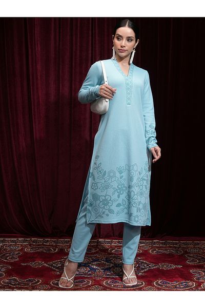 Vishudh By Styli Women Blue Floral Kurta and Trouser Set