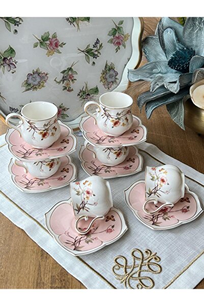ROSSEV Türk Kahve Fincanı Cenova Pembe 6 Kişilik 12 Parça