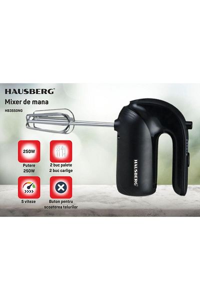 Hausberg Mixer de mana HB-4215NG, 250W, 5 viteze, Nivel zgomot 85 dB, Accesorii incluse, Negru