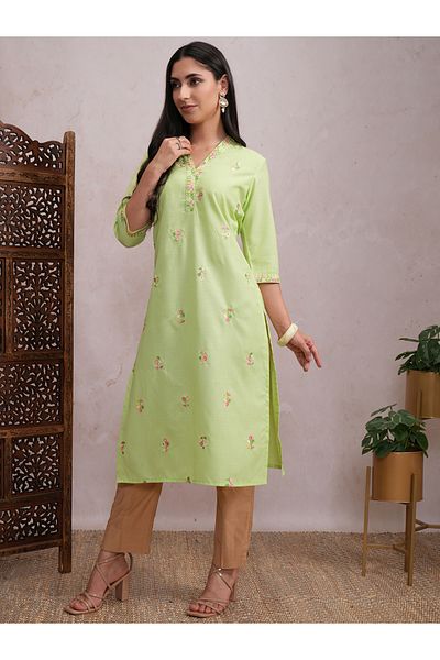 Vishudh By Styli Green Ethnic Motifs Embroidered V-Neck Thread Work Straight Kurta