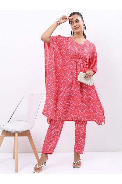 Vishudh By Styli Women Pink Printed Kaftan Kurta with Trousers