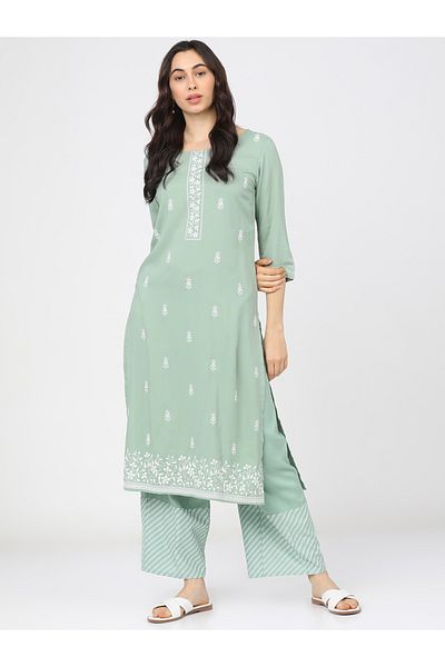 Vishudh By Styli Women Green & White Ethnic Motifs Printed Kurta