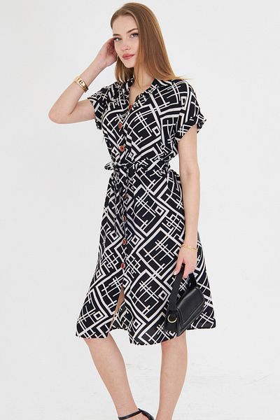 armonika Women's White-Black Patterned Short Sleeve Shirt Dress with Belted Waist Arm-22Y 001007