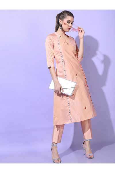 Vishudh By Styli Women Peach Embroidered Kurta with Trouser