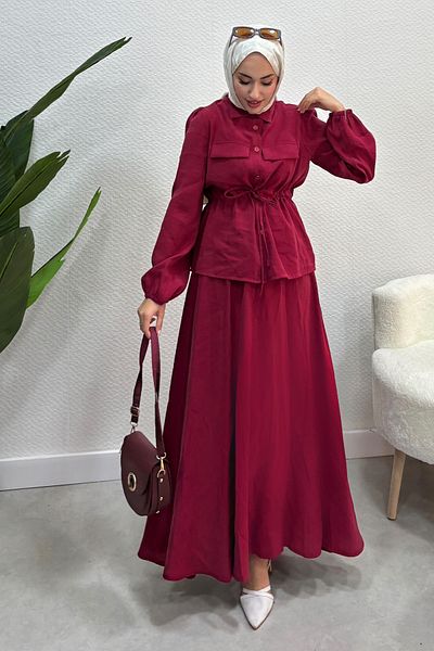 Tesettür Diyarı Γυναικείο Σετ Φούστα Hijab με δεμένη μέση Claret Red