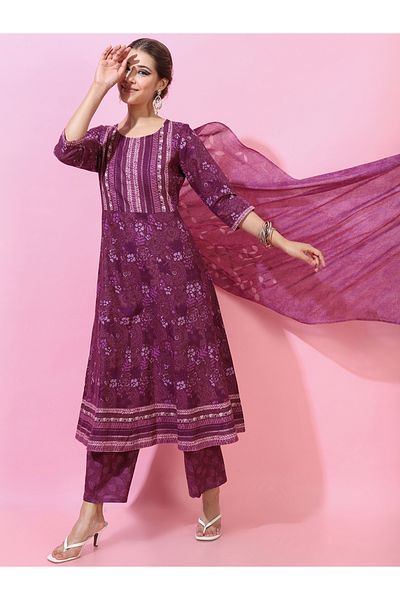 Vishudh By Styli Women Purple Cotton Kurta Set with Dupatta