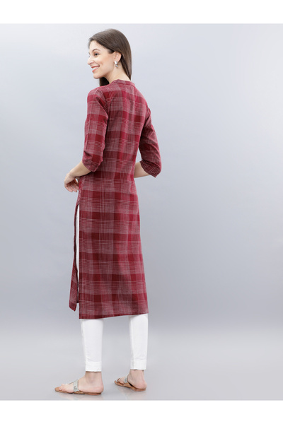 Vishudh By Styli Women Maroon & Off-White Checked A-Line Kurta