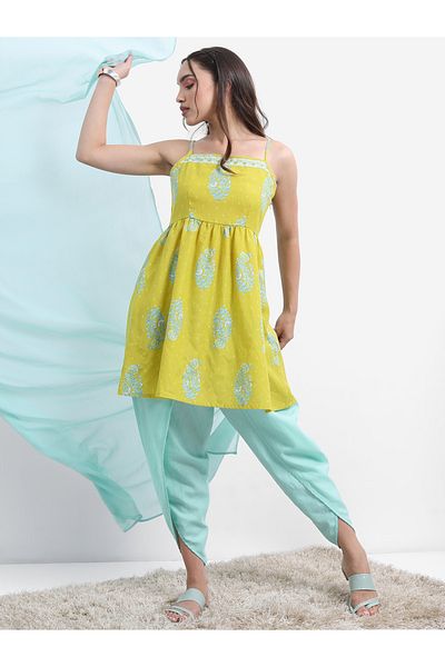 Vishudh By Styli Green Floral Printed A-line Kurta with Dhoti Pants & Dupatta