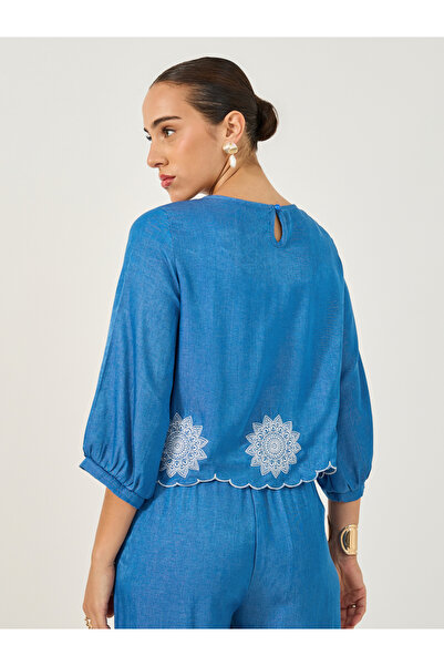Styli Embroidered Balloon Sleeves Blouse with Scalloped Hem