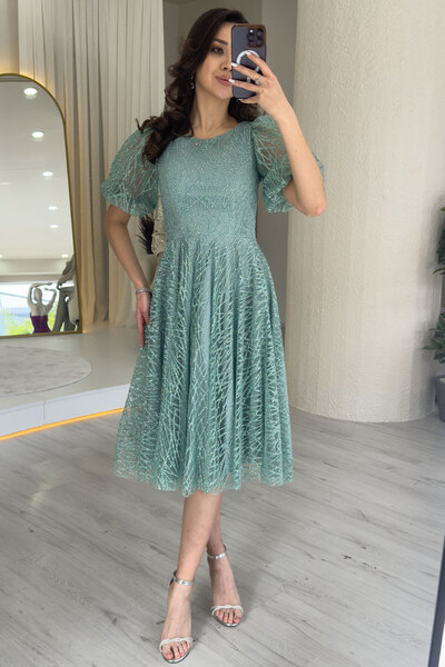 the ZKS Kadın Balon Kol Simli Kloş Midi Boy Abiye Elbise Su Yeşili, Siyah