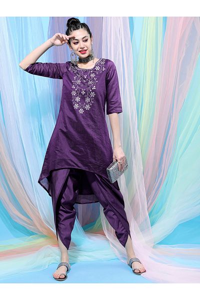 Vishudh By Styli Women Purple Embroidered Cotton Kurta with Dhoti Pant