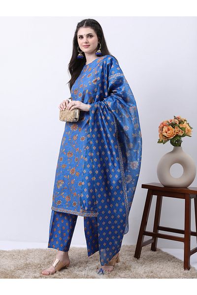 Vishudh By Styli Blue Floral Printed Kurta Set with Palazzos and Dupatta