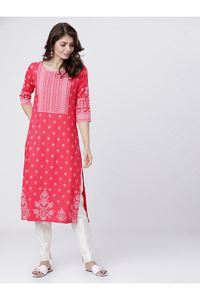 Vishudh By Styli Women Pink & White Ethnic Motifs Printed Straight Kurta