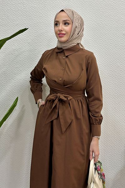 Tesettür Diyarı Καφέ Φόρεμα Hijab - Δεμένο στη μέση