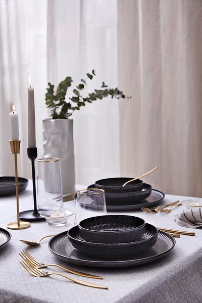 Kütahya Porselen Kütahya Porcelain Crest 18-Piece Dinner Set for 6 Anthracite, Unique Reactive Glaze