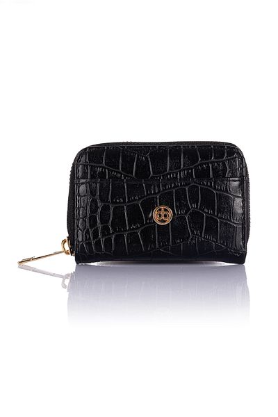 Getcho Olem Women's Black Crocodile Pattern Mini Card Holder Wallet Compact Model with Zippered Coin Compartment