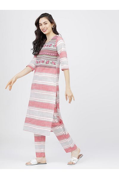 Vishudh By Styli Women Multi-Colored Striped Cotton Kurta Set with Dupatta
