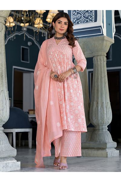 Vishudh By Styli Women Pink Floral Printed Cotton Kurta Set
