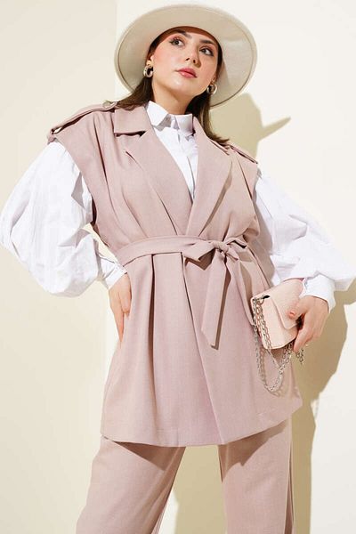 MODAMERSİ Women's Powder Striped Shoulder Epaulet Belted Vest Double Set