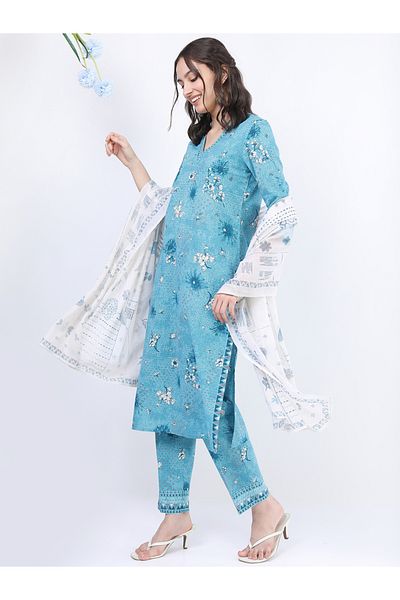 Vishudh By Styli Women Blue Floral Cotton Kurta Set with Dupatta
