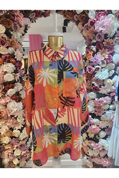 Kayra Kadın Fuşya Desenli Tunik Gömlek