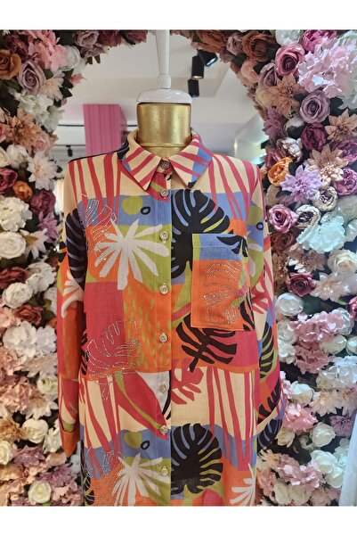 Kayra Kadın Fuşya Desenli Tunik Gömlek