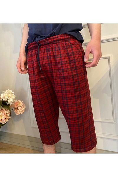 DÜVEN Men's Burgundy Side Pocket Pure 100% Cotton Plaid Patterned Casual Capri Bermuda
