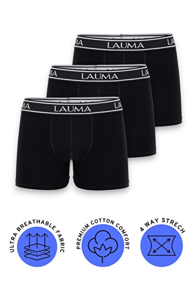 LAUMA Siyah Erkek Boxer Esnek Likralı, Pamuklu, Yumuşak Doku 3'lü Paket