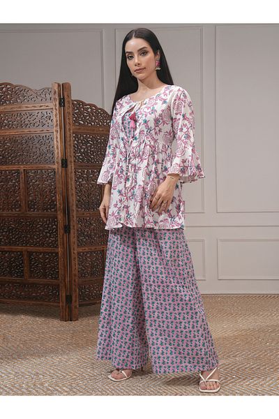Vishudh By Styli All-Over Printed Tunic with Palazzo Pants and Jacket Co-Ords