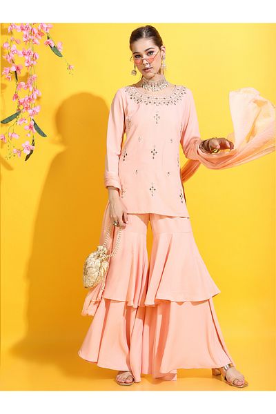 Vishudh By Styli Peach Mirror Work Kurta Set with Sharara & Dupatta